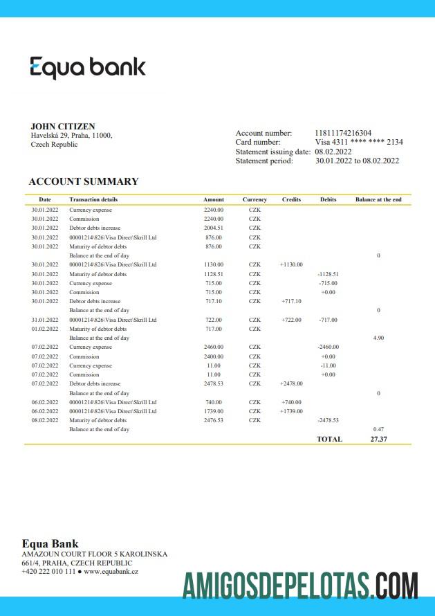 Modelo de extrato Equabank da República Tcheca